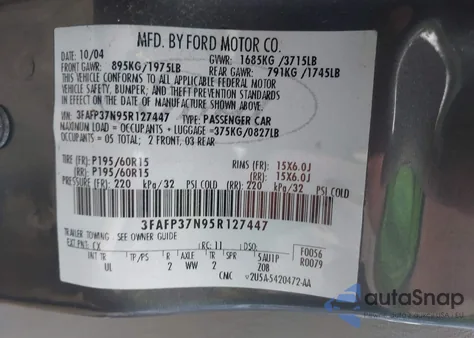 2005 Ford Focus Zx5 из США, поврежденный, VIN 3FAFP37N95R127447